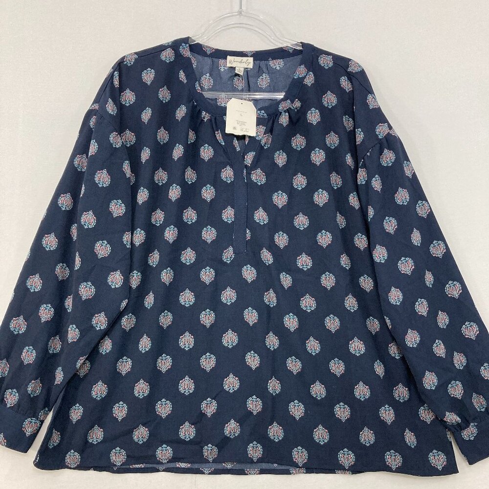 New Wonderly Large Navy Abstract Print Split Neck Long Sleeve Popover Blouse